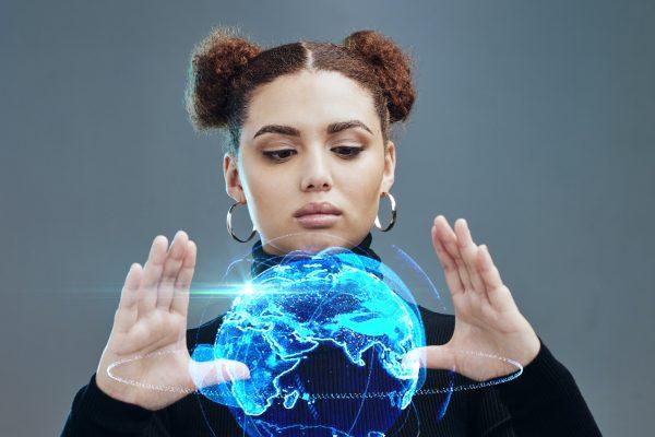 Globe hologram, futuristic tech and woman, technology innovation with future, ai and cyberspace aga